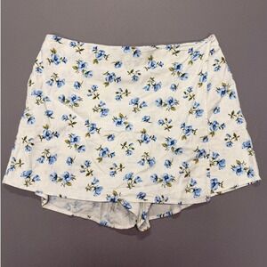 Old Navy Womens Size L White Blue Floral Print Linen Blend Pull On Shorts
